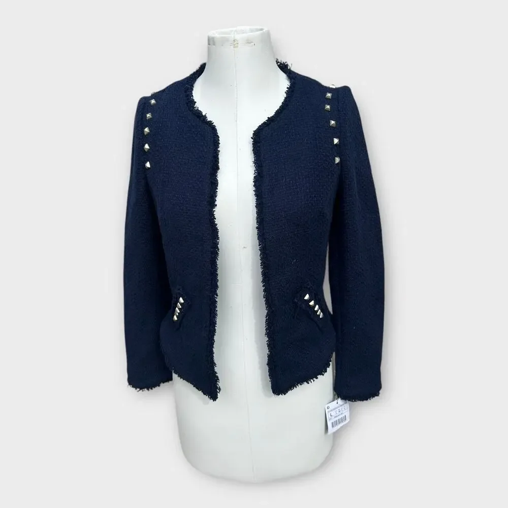 Zara Navy Tweed Frayed-Edge Blazer with Stud Accents - Picture 3 of 9